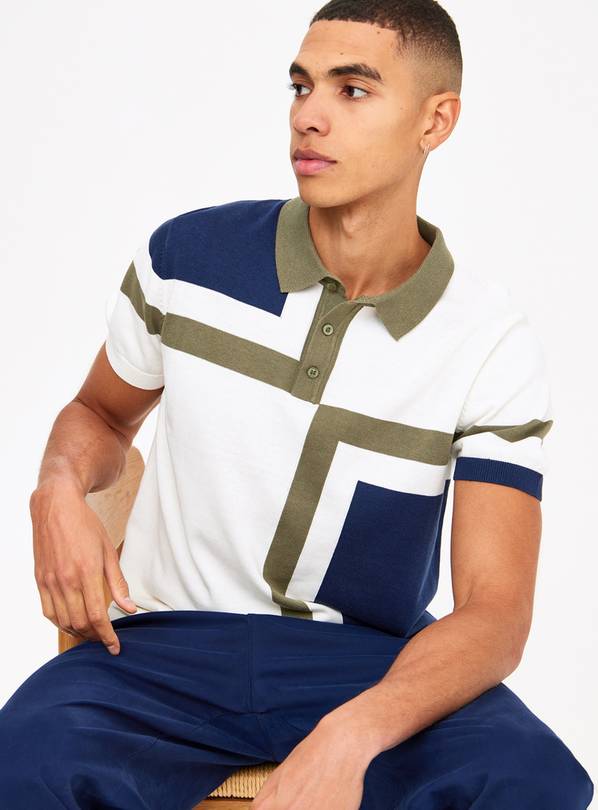 Abstract Colour Block Knitted Polo Shirt XL